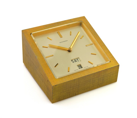 IMHOF DESK CLOCK FOR BUCHERER.Bucherer, Imhof, Swiss, No. 1463532..Made circa 1960..Fine gilt brass desk clock..To be sold without reserve
