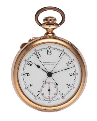 TIFFANY, SPLIT SECOND CHRONOGRAPH.POCKET WATCH, YELLOW GOLD.Tiffany & Co, New York, No. 97369. Made in.Switzerland, circa 1901..Very fine, keyless, 18K yellow gold pocket watch with.split-seconds chronograph.