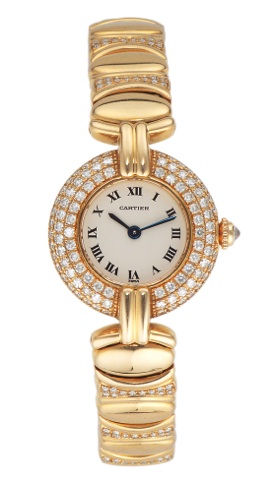 CARTIER REF. 0281 YELLOW GOLD & DIAMOND.Cartier, case No. 8057922, Ref. 0281. Made in the.2000’s..Very fine, water-resistant, 18K yellow gold and diamond.lady’s quartz wristwatch with an 18K yellow gold Cartier.link bracelet with double deployant clasp. A
