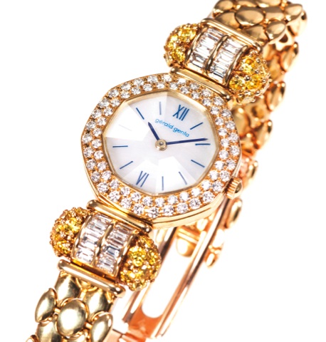 GERALD GENTA REF.G.3181.7.LADY’S YELLOW GOLD AND DIAMOND.Gérald Genta, Genève, case No. 56191, Ref. 3181.7. Made in the 1990s..Fine, octagonal, water-resistant, 18K yellow gold lady’s quartz wristwatch with.an 18K yellow gold Gérald Genta bracelet.