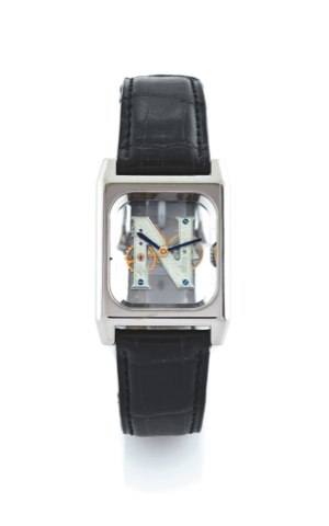 VINCENT CALABRESE SPATIALE PERSONNELLES WHITE GOLD.Vincent Calabrese, Spatiale, Personnelles, No. 7. Made in the 1990s..Very fine and unusual, hand-made, 18k white gold wristwatch with visible in-line.movement with an 18k white gold Vincent Calabrese buck