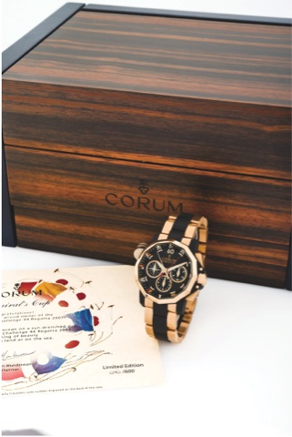 CORUM ADMIRAL’S CUP CHALLENGE 44 REGATTA.Corum, No. 040/600, No. 2162734, Ref. 986.694.55. Made in a limited.edition of 600 pieces in the 2007. F.ine and unusual, dodecagonal, water-resistant, self-winding, 18k.pink gold and black rubber chronometer wrist