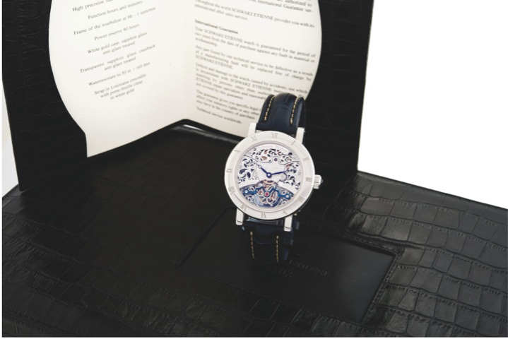 SCHWARZ ETIENNE TOURBILLON.SkELETON LIMITED EDITION.Schwarz Etienne, SE, Tourbillon Skeleton.No. 09/12, Ref. WCF00hM00WgAA..Made in a limited edition of 12 pieces in 2009..Very fine and rare, oversized, water resistant.skeletonized and hand-engraved, 18k 