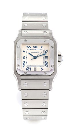 CARTIER SANTOS.Cartier, Santos, No. 987901, Ref. 22165. Made in the 1990s..Fine, square curved,water-resistant, stainless steel lady’s quartz wristwatch.with date, with a brushed, integrated stainless steel Cartier bracelet with.deployant clasp. Accompani