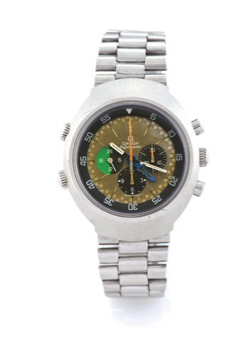 OMEGA REF. 145.013, FIRST GENERATION FLIGHTMASTER, TROPICAL DIAL.Omega, Flightmaster, No. 29130214, Ref. ST 145.013. Made in 1972..Fine and rare, tonneau-shaped, two time zone, water resistant, stainless steel aviator’s wristwatch.with 4 hands and 3 crown