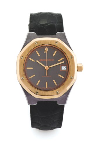 AUDEMARS PIGUET TANTALUM AND PINk GOLD, AUTOMATIC.Audemars Piguet, Royal Oak, Automatic, No. 208, case No. D44545. Made in the 1990s..Fine and rare, self-winding, octagonal, water-resistant, center seconds, tantalum and.18k pink gold wristwatch with date 