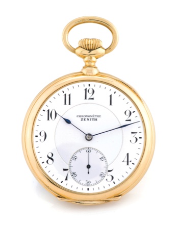 ZENITH DETENT CHRONOMETER.Zenith, `Chronomètre`, movement no. 1157653, case no. 136627. Made circa 1910..Fine and rare, 18K yellow gold, keyless pocket chronometer with spring.detent escapement..To be sold without reserve
