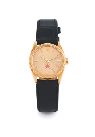 Rolex, Ref. 6744, Oman Sword Logo.Rolex, Oyster Perpetual, No. 3760425, Ref. 6744/6751. Made in 1974..Fine, center seconds, self-winding, 18k yellow gold mid-size wristwatch