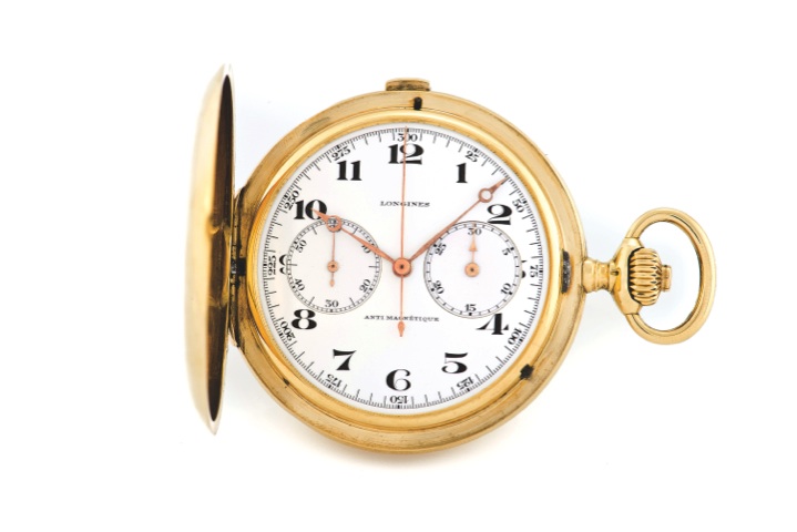 Longines Grand Prix Chronographe.YelloW Gold Pocket Watch.Longines, Anti-Magnetique, case no. 4270639..Made circa 1920..Fine, 18K yellow gold, hunting cased keyless pocket watch.