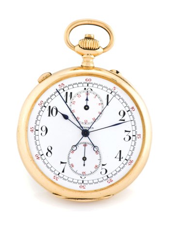 Longines Grand Prix Chronographe.Rattrapante YelloW Gold Pocket Wath.Longines, Chronographe Rattrapante, case no. 2970529..Made circa 1920..Very fine, 18K yellow gold, keyless pocket watch with splitseconds.chronograph and instantaneous 30-minute register