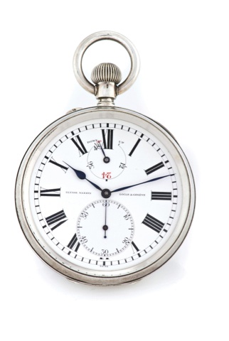 Ulysse Nardin Large.Silver Lever Chronometer.ulysse nardin, locle & geneve, no. 25442, case no. 370081..Made in the 1930’s..Fine and rare, large, silver keyless deck and pocket lever.chronometer with guillaume balance and 48-hour power.reserve indication.