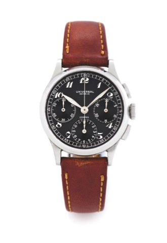 Universal Compax Black Dial Steel.Universal, Geneve, Compax, case No. 682251, Ref. 5124. Made circa 1960..Fine, stainless steel wristwatch with round button chronograph and registers.