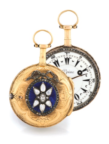 L’EPINE – GOLD, ENAMEL & DIAMONDS.L’Epine à Paris. Made circa 1770..Fine, gold, enamel and diamond-set pocket watch with.Turkish market dial.