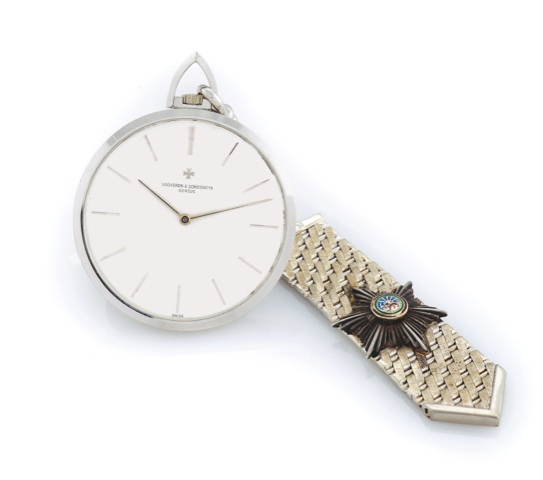 VACHERON & CONSTANTIN - WHITE GOLD DRESS WATCH.Vacheron & Constantin, Genève, No. 595786, case No. 427148, Ref. 6760. Made in the 1960s..Very fine and rare, extra thin, keyless, 18K white gold montre couteau dress watch with an 18K white gold watch fob ap