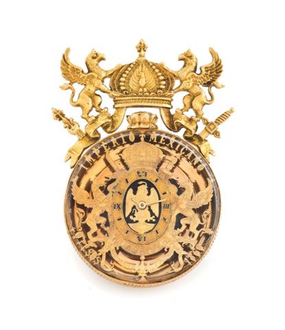 EMPEROR MAXIMILIAN GOLD COIN BROOCH WATCH.The movement by Movado, No. 2454. Made circa 1960..Fine and impressive, gold 20 Pesos coin of Emperor Maximilian of Mexico dated.1866 semi-skeletonized and fitted with a keyless watch with integral crown and.gryph