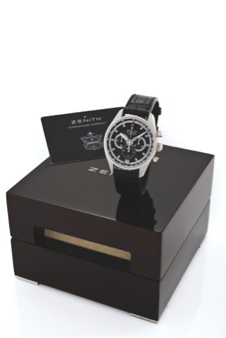 ZENITH EL PRIMERO 36’000 VPH.Zenith, Le Locle, El Primero, 36’000 VPH, No. 118093, movement.No. 312371, Ref. 03.2040.400/21.C496. Sold April 7th, 2012..Very fine, self-winding, water-resistant, stainless steel.wristwatch with round button chronograph, reg