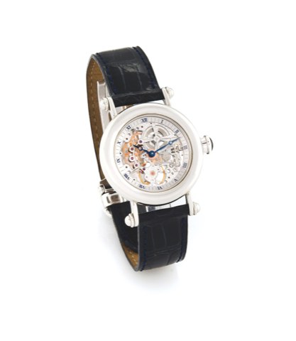 CARTIER, DIABLO PLATINUM SQUELETTE LIMITED EDITION.Cartier Diablo, No. 27/30, Ref: 1462 B. Made in a limited edition of.30 pieces in the 1990’s..Fine and rare, water-resistant, skeletonized platinum wristwatch with.an 18K white gold Cartier deployant clas