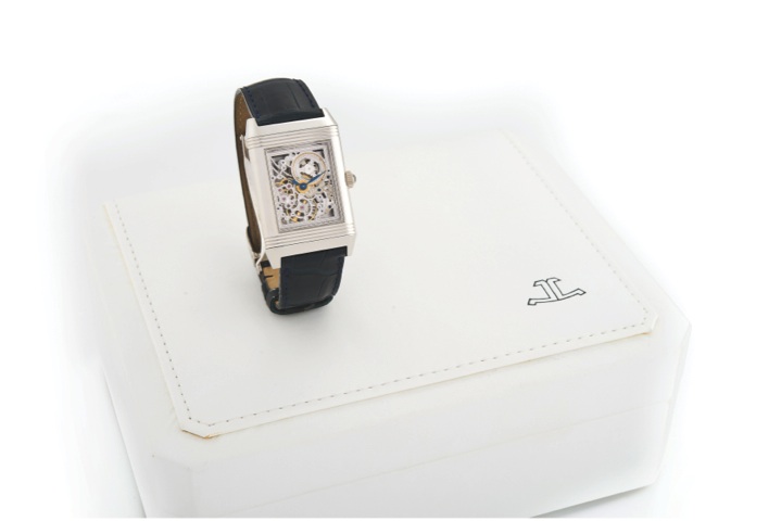 JAEGER LECOULTRE REVERSO REF..270.6.49 SKELETON PLATINUM.Jaeger LeCoultre, Reverso, Platinum Number One, No..171/500, Ref. 270.6.49. Made in a limited edition of 500.pieces in 2001..Very fine and rare, rectangular, skeletonized, platinum.reversible wristw
