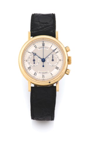 BREGUET CHRONOGRAPH.Breguet, No. 4847 A. Made in the 1990s..Very fine, 18K yellow gold wristwatch with round button chronograph, registers and an 18K yellow gold Breguet buckle.