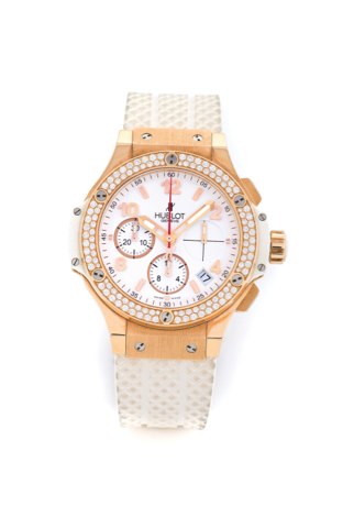 HUBLOT - BIG BANG - CHRONOGRAPH.Hublot, Genève, Big Bang, Chronograph, Automatic. Made circa 2010..Fine and unusual, self-winding, water-resistant, 18k pink gold, diamonds.titanium, ceramic and kevlar wristwatch with square button chronograph.registers, d