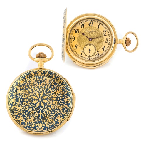 ULYSSE NARDIN MINUTE REPEATER – NIELLOED GOLD CASE COMMEMORATING OTTO VON BISMARCK AS PRUSSIAN AMBASSADOR TO PARIS.Ulysse Nardin, Locle, movement No. 11861. Made circa 1910..Fine and elegant, thin, minute-repeating, 18K yellow gold and niello hunting case