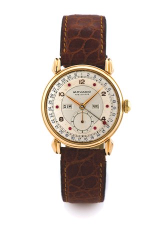 MOVADO CALENDOGRAPH PINK GOLD.Movado, Fab. Suisse, Calendograph, case No. 493089.Ref. 4820. Made in the 1940’s..Fine and rare 18K pink gold wristwatch with triple-date calendar.