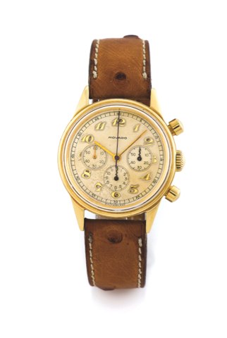 MOVADO CHRONOGRAPH GOLD – VACUUM – BREGUET NUMERALS.Movado, Switzerland, case No. 9068, Ref. 26. Made in the 1950s..Fine and rare, water-resistant, 18K yellow gold wristwatch with round button chronograph and registers.