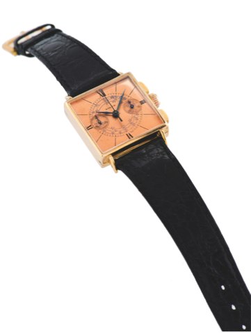ROLEX, REF. 3529, PINK DIAL, PINK GOLD.Rolex Antimagnetique, Ref. 3529. Made circa 1935..Very fine and extremely rare, square, 18K pink gold wristwatch.with pink dial, square button chronograph, register and tachometer.