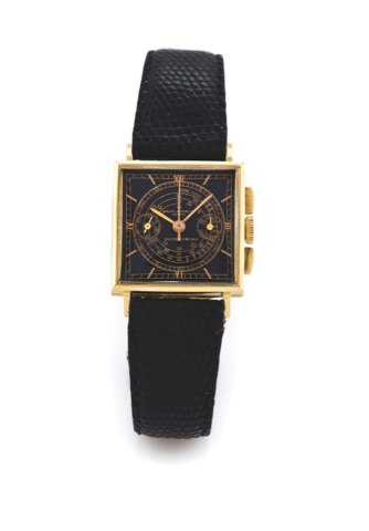 BAUME & MERCIER SQUARE CHRONOGRAPH – BLACK TACHOMETER DIAL.Baume & Mercier, Swiss, `Ultra Prima`, case No. 97768. Made circa 1940..Fine and rare, square, 18K yellow gold wristwatch with square-button chronograph, tachometer and register.