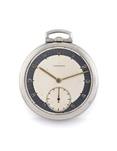 LONGINES TWO TONE DIAL STEEL POCKET WATCH.Longines, case No. 5545632. Made in the 1930’s..Fine, open face, keyless steel pocket watch..To be sold without reserve