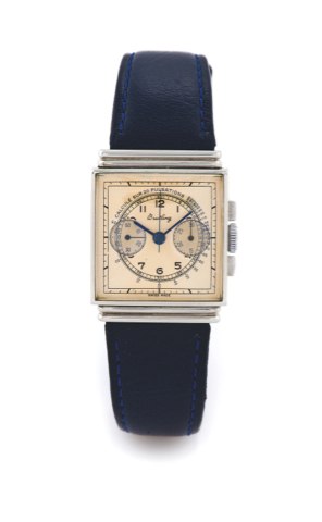 BREITLING SQUARE STAYBRITE MEDICAL CHRONOGRAPH.Breitling, Swiss, case No. 455152. Made circa 1940..Fine and very rare, square, stainless steel ‘Staybrite’ wristwatch with square-button chronograph, pulsometer scale and register.