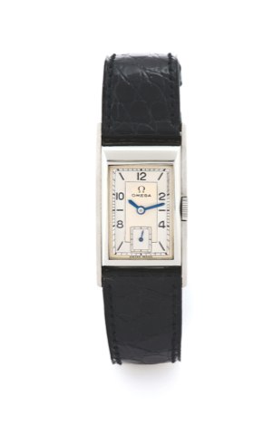OMEGA `PUPITRE`.Omega, No. 8369549, case No. 9341291, Ref. CK 3532. Sold on February 8th, 1938..Very fine and rare, rectangular, pupitre Staybrite wristwatch with a stainless steel Omega buckle. Accompanied by an Omega box and Certificate of Authenticity.