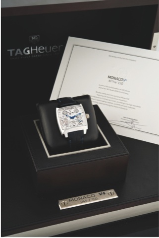 TAG HEUER MONACO V4 – THE FIRST BELT-DRIVEN MOVEMENT - PLATINUM LIMITED EDITION.TAG Heuer, Swiss, `Monaco V4`, No. 044/150, Ref. WAW2170.FC6261. Made in a limited edition of 150 pieces for the 150th Anniversary of Tag Heuer, sold on December 8th, 2009..Ex