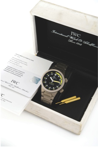 IWC AQUATIMER 2000 METERS TITANIUM.International Watch Co., Schaffhausen, Aquatimer 2000 meters.Automatic, case No. 3121680, Ref. IW353803. Sold in February.2002..Fine, center seconds, self-winding, water-resistant, titanium.diver’s wristwatch with date a