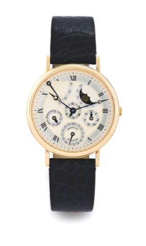 BREGUET, PERPETUAL CALENDAR.SECTORAL POWER RESERVE.Breguet, No. 5139, movement No. 1508. Made in the 1990s..Very fine and rare, self-winding, 18K yellow gold wristwatch.with 45-hour power reserve, perpetual calendar, moon.phases with lunar calendar and an