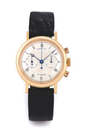 BREGUET PINK GOLD CHRONOGRAPH.Breguet, No. 4824, Ref. 3400. Made in the 1990s..Fine, 18K pink gold wristwatch with round button.chronograph, register and an 18K pink gold Breguet buckle.