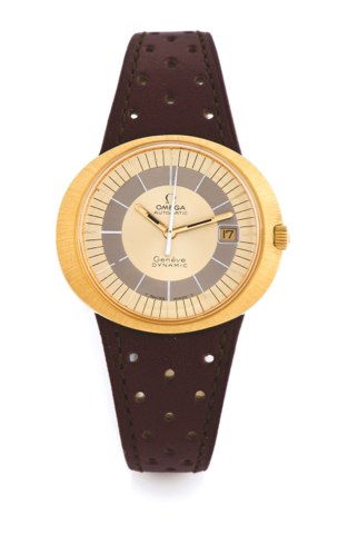 OMEGA 18K GOLD DYNAMIC.Omega, Genève, Dynamic, Automatic, Ref. BA 166.0039. Made circa 1973..Fine and rare, oval, water-resistant, center-seconds, self-winding, 18K yellow gold wristwatch with date and a gold plated Omega buckle.