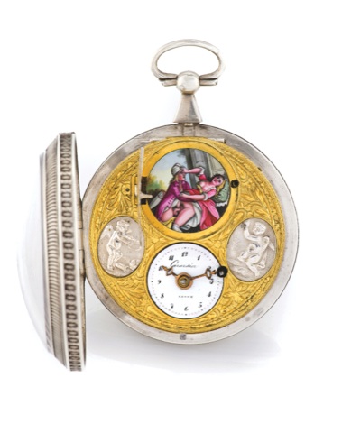 WATCH WITH CONCEALED EROTIC SCENE.Girardier l’Aîné, Paris, No. 19913. Made circa 1810..Fine and very unusual, large, silver pocket watch with a concealed painted on enamel erotic scene.