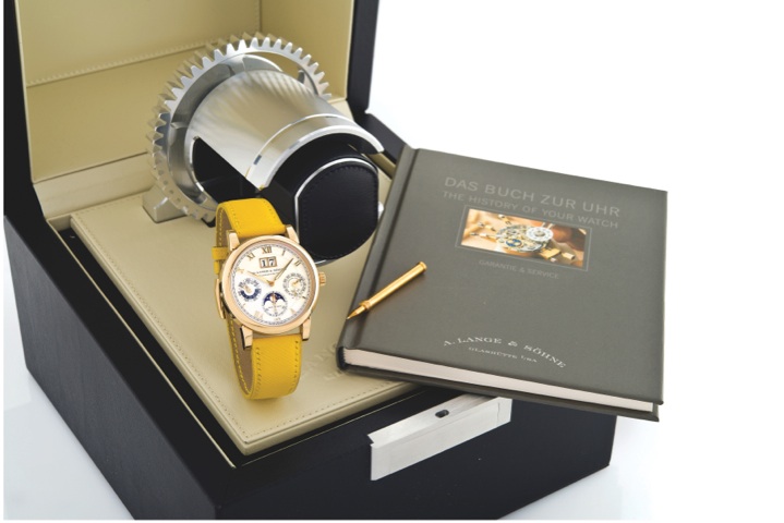 LANGE & SÖHNE REF. 310.032 SAX-O-MAT PERPETUAL CALENDAR, PINK GOLD A.Lange & Söhne, Glashütte i./Sa., Langematik Perpetual, movement No. 64109, case No. 176844, Ref. 310.032. Sold in December 2009. Production of this reference started in 2001. Very fine a