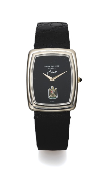 PATEK PHILIPPE REF. 3732 WHITE GOLD.Patek Philippe, Genève, No. 1326285, case No. 2773372.Ref. 3732. Made in 1976..Fine and rare, rectangular, 18K white gold wristwatch.with Iraqi Eagle dial and an 18K white gold Patek Philippe.buckle.