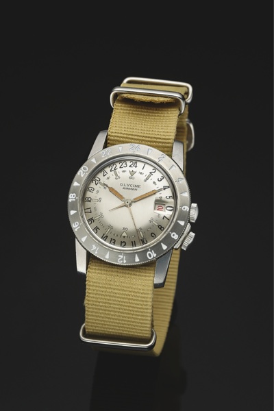 GLYCINE AIRMAN 24-HOUR DIAL STEEL.Glycine Airman, No. A 38788. Made in the 1960s..Fine and unusual, two time zone, centre second, self-winding, water-resistant, stainless steel military wristwatch with date, 24-hour dial and two crowns. Accompa