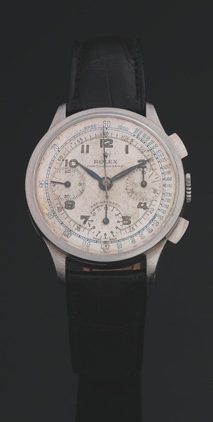 ROLEX REF. 3330 CHRONOGRAPH STEEL.Rolex, Chronograph, Antimagnetic, case No. 045223, Ref. 3330. Made in the early 1940s..Very fine and extremely rare stainless steel wristwatch with square button chronograph.registers, and tachometer.