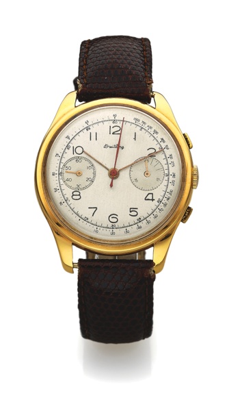 BREITLING REF. 404.CHRONOGRAPH YELLOW GOLD.Breitling, Chronograph, Ref. 404-21. Made in the 1940s..Very fine and rare, 18K yellow gold wristwatch with.square button chronograph, register and tachometer.