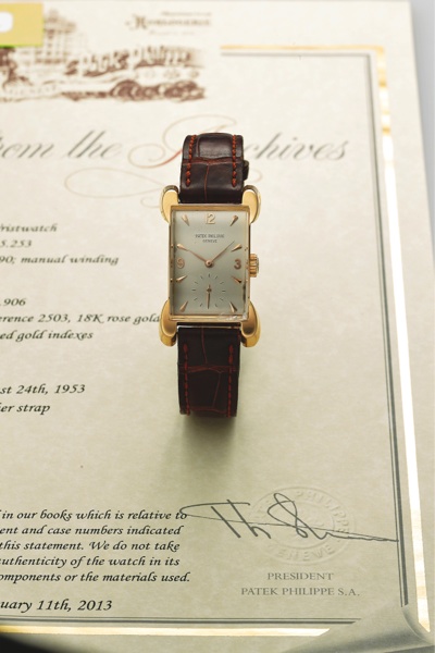 PATEK PHILIPPE REF. 2503 TOPOLINO PINK GOLD.Patek Philippe, Genève, No. 975253, case No. 674906, Ref. 2503. Made in 1953, sold August 24th, 1953..Very fine and rare, rectangular, 18K pink gold wristwatch with an 18K pink gold Patek Philippe buc