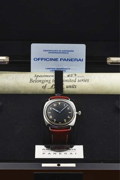 PANERAI PAM 249 CALIFORNIA DIAL STAINLESS STEEL.Officine Panerai, Brevettato, No. I 0657/1936, case No. BB 1217607, Ref. OP 6675. Made in a limited edition of 1936 pieces in 2006..Very fine, large, cushion-shaped, water-resistant, stainless ste