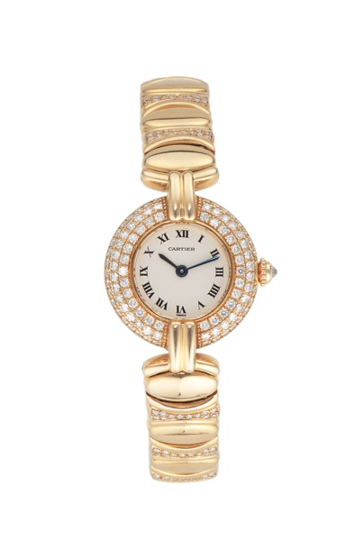 CARTIER REF. 0281 YELLOW GOLD & DIAMOND.Cartier, case No. 8057922, Ref. 0281. Made in the 2000’s..Very fine, water-resistant, 18K yellow gold and diamond.lady’s quartz wristwatch with an 18K yellow gold Cartier.link bracelet with double deploya