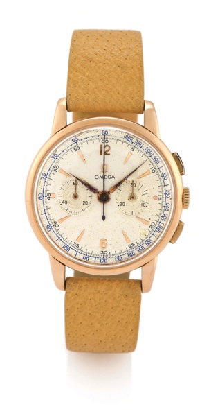OMEGA REF. 2465 PINK GOLD CHRONOGRAPH.Omega, movement No. 10830517, case No. 11060822, Ref. 2465. Made in 1944..Very fine, large, 18K pink gold wristwatch with square button chronograph, tachometer and.register with a pink gold plated Omega buc