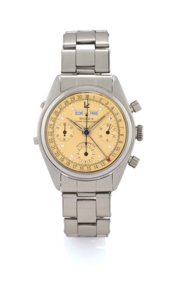 Rolex, Oyster Chronograph, Anti-Magnetic, No. 797515, Ref..5036. Made circa 1952..Very fine and rare, water-resistant, stainless steel wristwatch.with round button chronograph, registers and triple date.with a stainless steel Rolex Oyster rivet