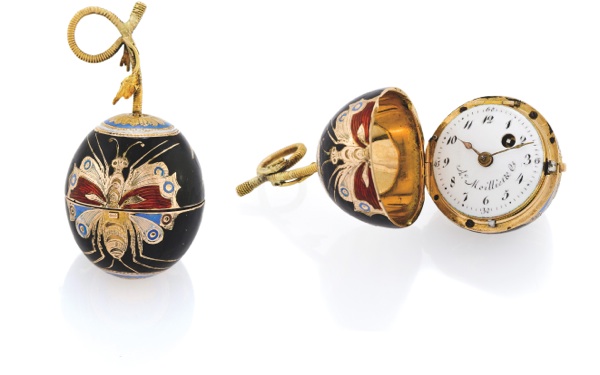 THE BLACK CHERRY.Ant.(oine) Moilliet & Cie, Geneva, No.18204. Made circa 1800..Fine and rare, 18K gold and enamel cherry form watch with concealed dial.