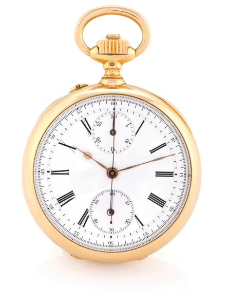 POITEVIN CHRONOGRAPH.B. Poitevin, No. 36926, retailed by Vever, 19, Rue de la Paix, Paris..Made circa 1890..Fine, 18K yellow gold, keyless pocket watch with chronograph.and 30-minute register.